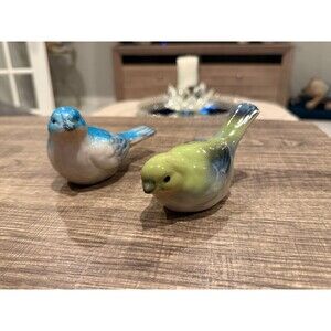 Vintage Porcelain Bird Figurine Pair - Blue & Green Songbirds 4.5"